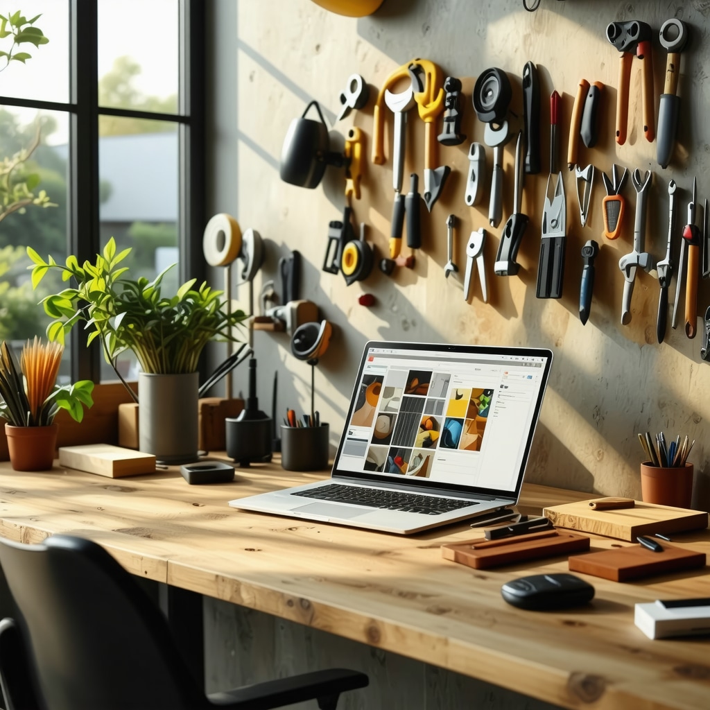 Workspace featuring woodworking tools, hemp fiber panels, and digital design software for advanced DIY projects