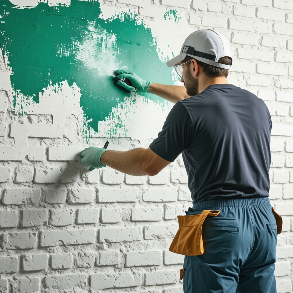Peintre professionnel appliquant une peinture microporeuse écologique sur un mur en briques texturé