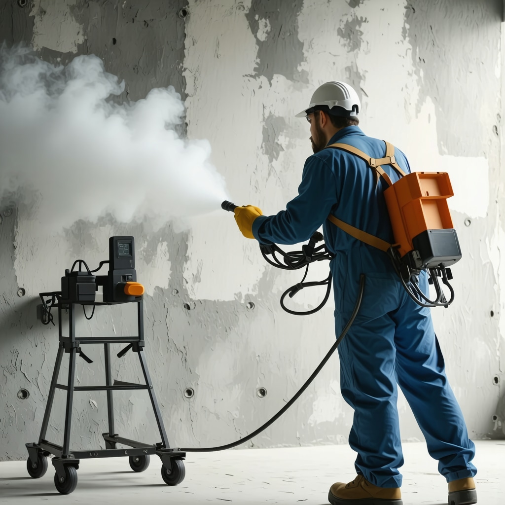 Peintre professionnel appliquant une peinture écologique avec pulvérisateur airless sur un mur en béton texturé, sous contrôle de température et humidité