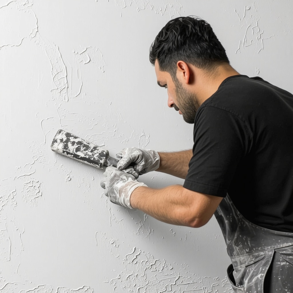 Close-up of artisan applying textured Venetian stucco on interior wall
