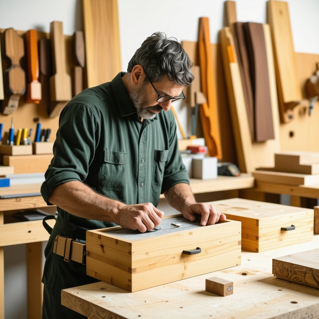 Craftsman using router and guide template to make dovetail joints on wood pieces in workshop