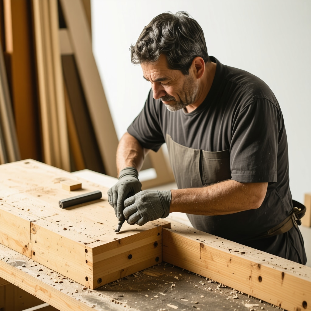 Gros plan sur un artisan utilisant des tourillons et un système Domino pour un assemblage invisible de meubles en bois