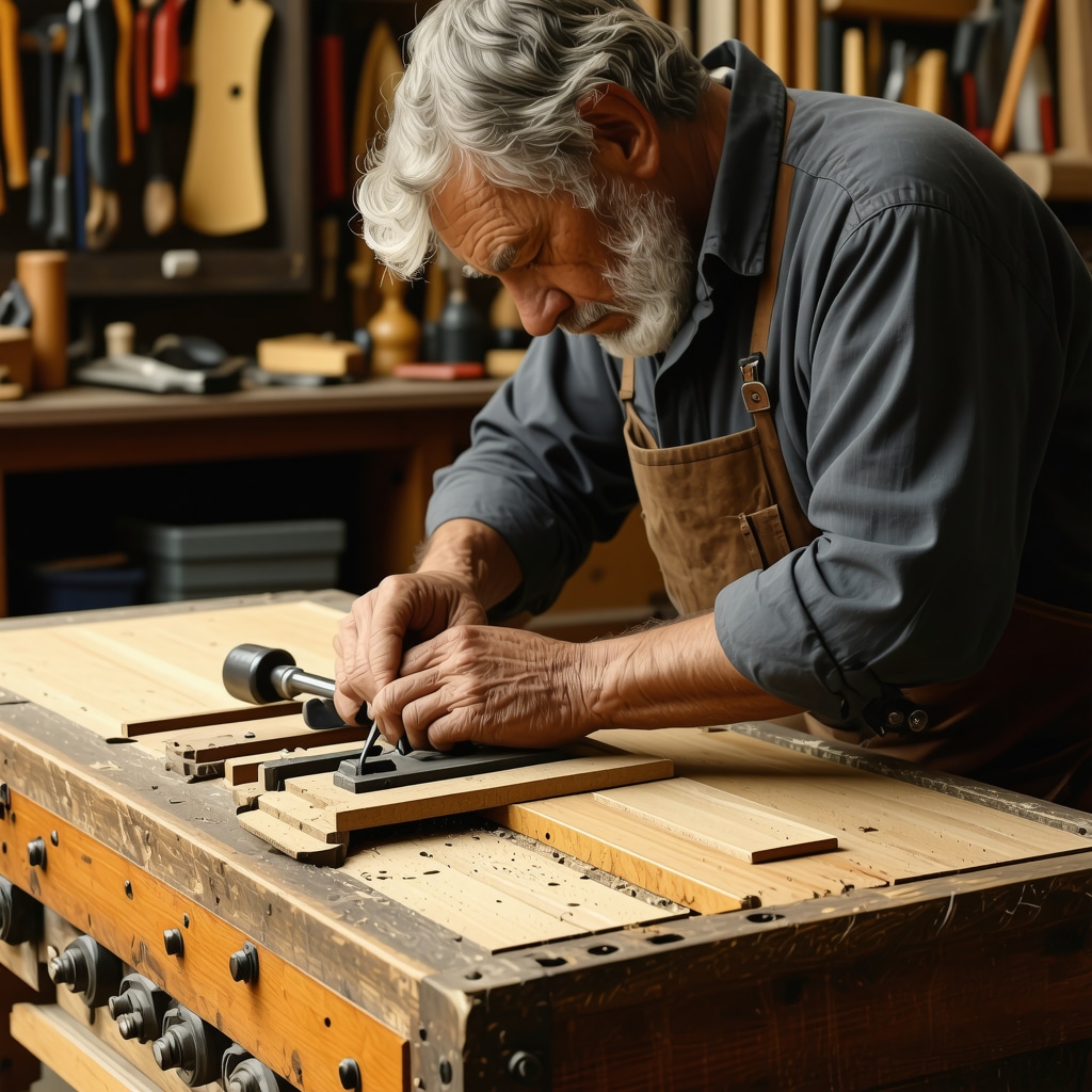 Artisan rénovant un meuble ancien avec des outils spécialisés et un assemblage traditionnel en bois