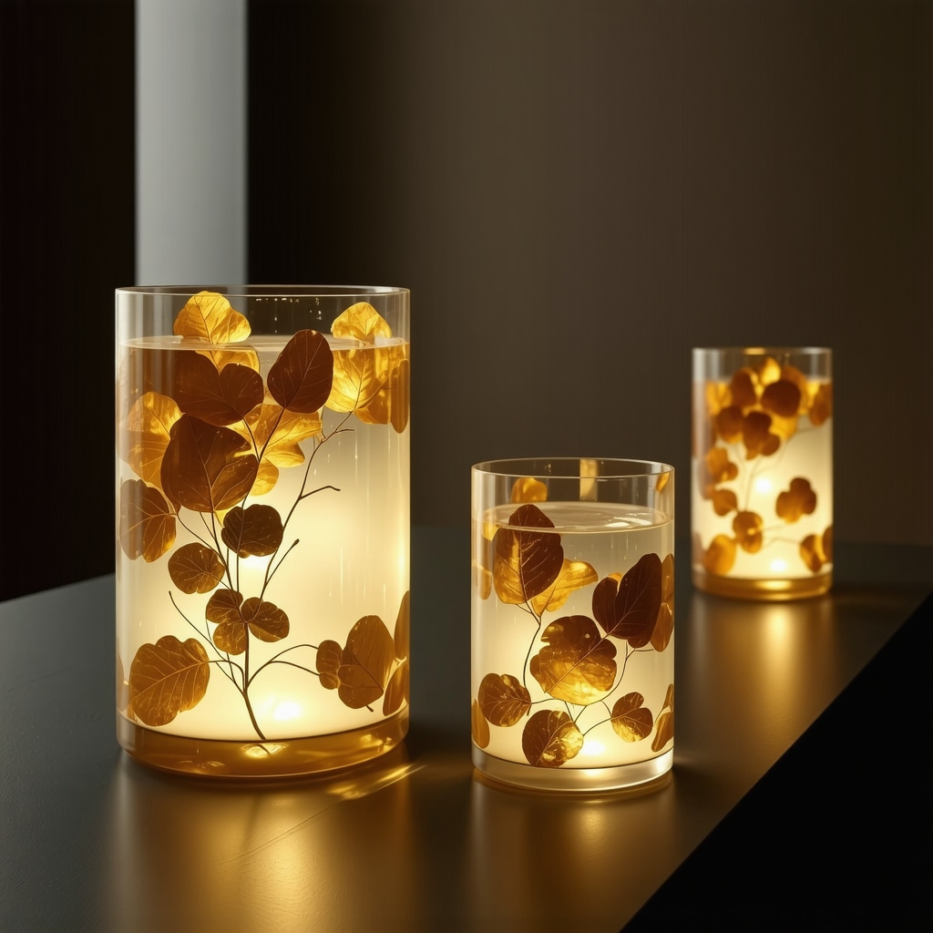 Close-up of decorated glass jars with epoxy resin and phosphorescent pigments illuminated by LED lights in a modern minimalist setting