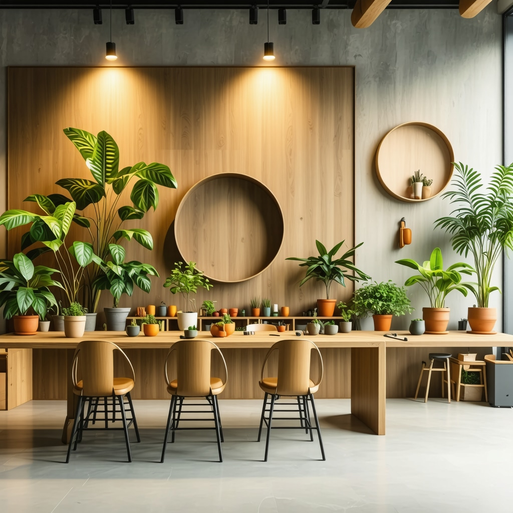 Atelier de bricolage avancé avec matériaux naturels et technologies durables pour déco intérieure