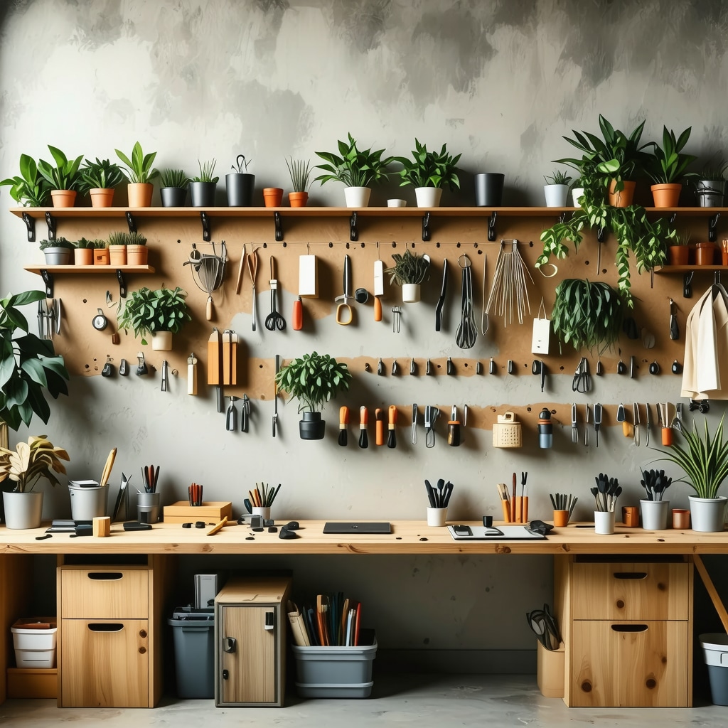 Espace de bricolage avec matériaux écologiques et outils organisés