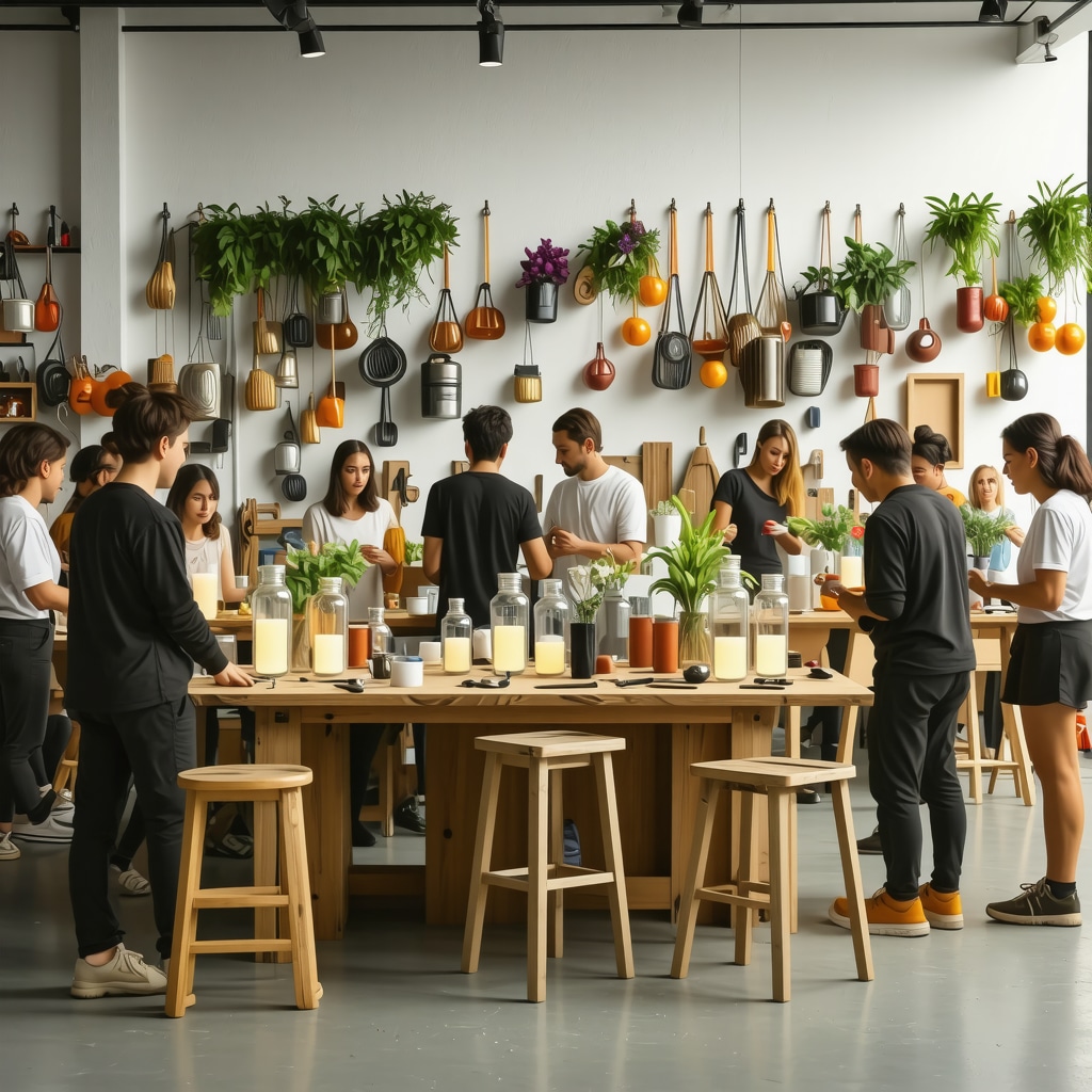Groupe de personnes travaillant ensemble sur des projets de recyclage créatif avancé avec des meubles modulaires et des luminaires en bocaux en verre