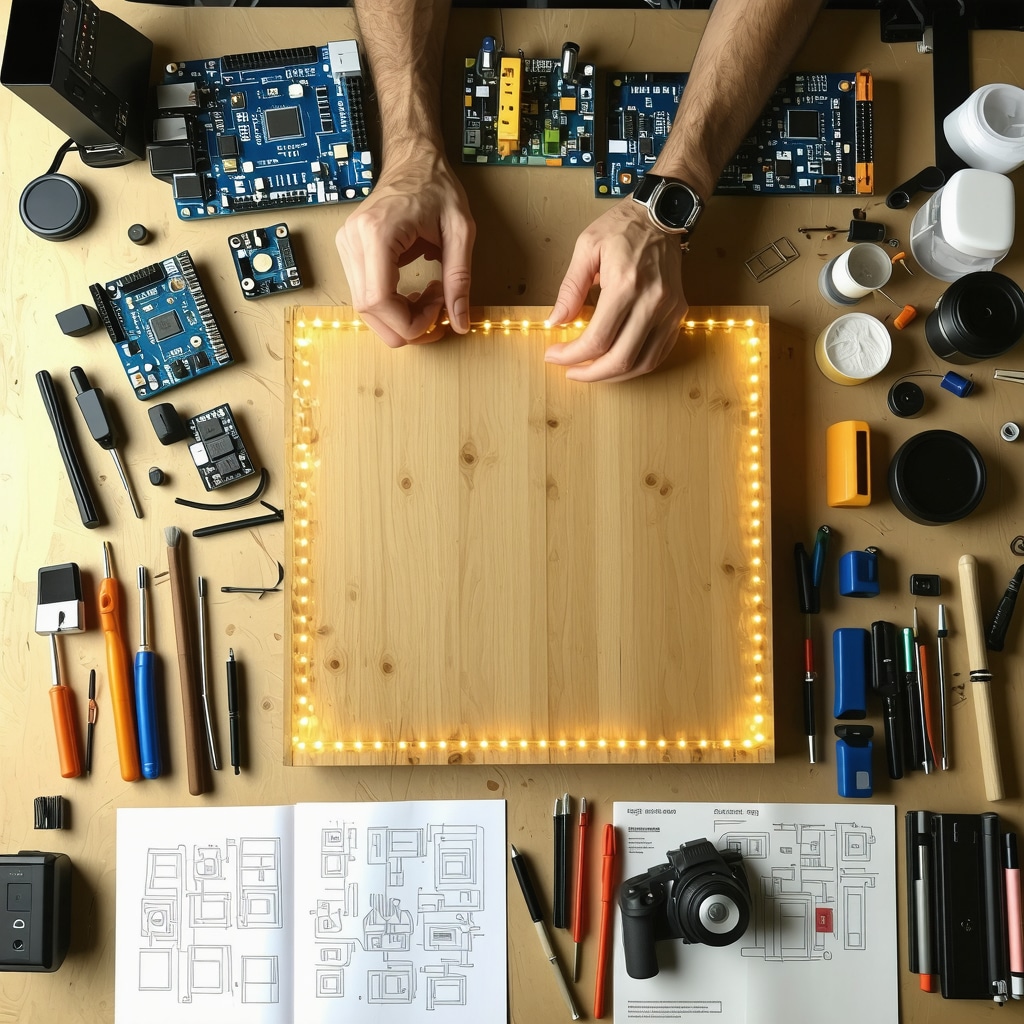 Espace de travail avec intégration de lumière LED dans meuble en bois, composants électroniques et résines époxy
