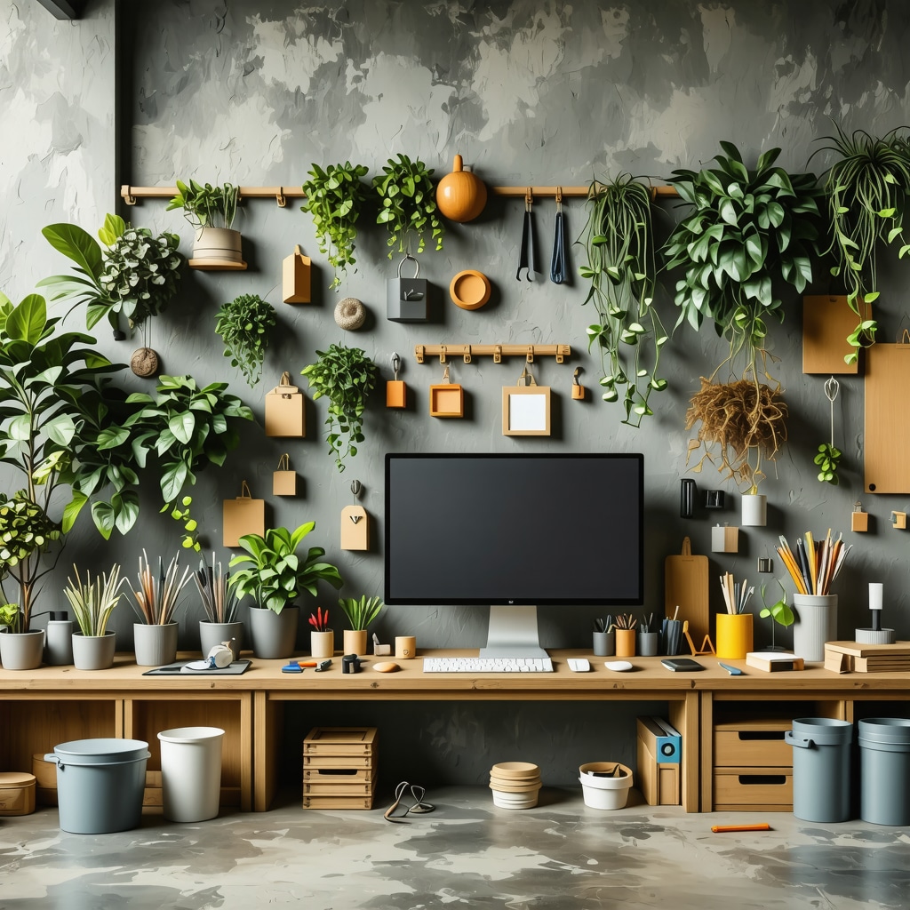 Espace de travail moderne montrant l'assemblage de matériaux recyclés avec un ordinateur affichant un logiciel de modélisation 3D et produits de finition écologiques