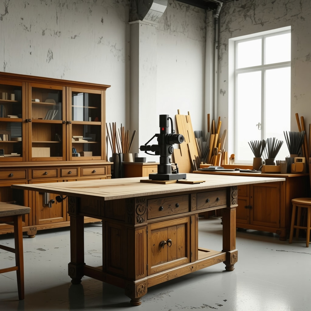 Atelier de restauration alliant outils traditionnels et scanner 3D pour meubles anciens