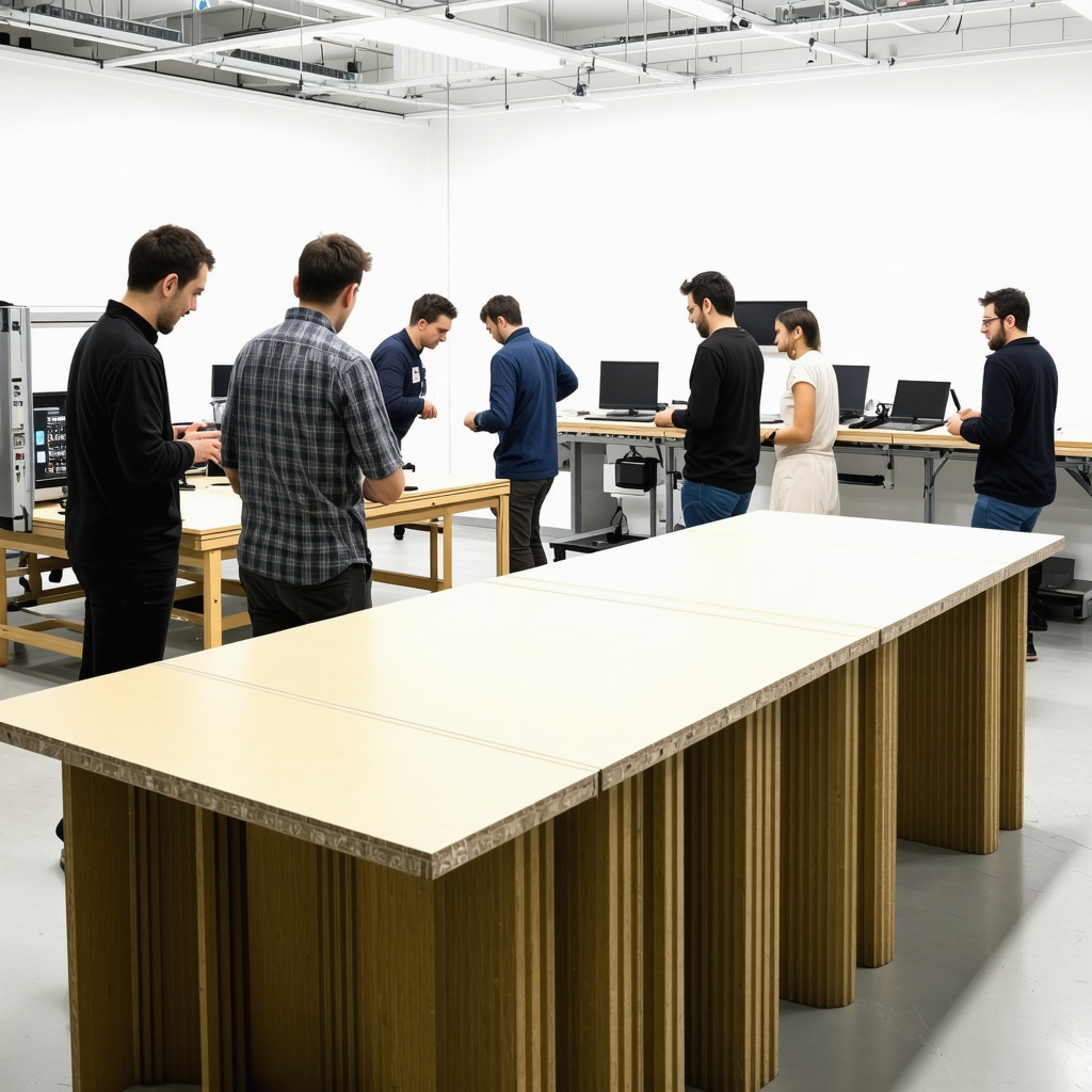 Conception avancée de meubles modulaires en carton avec découpe laser et impression 3D dans un atelier lumineux