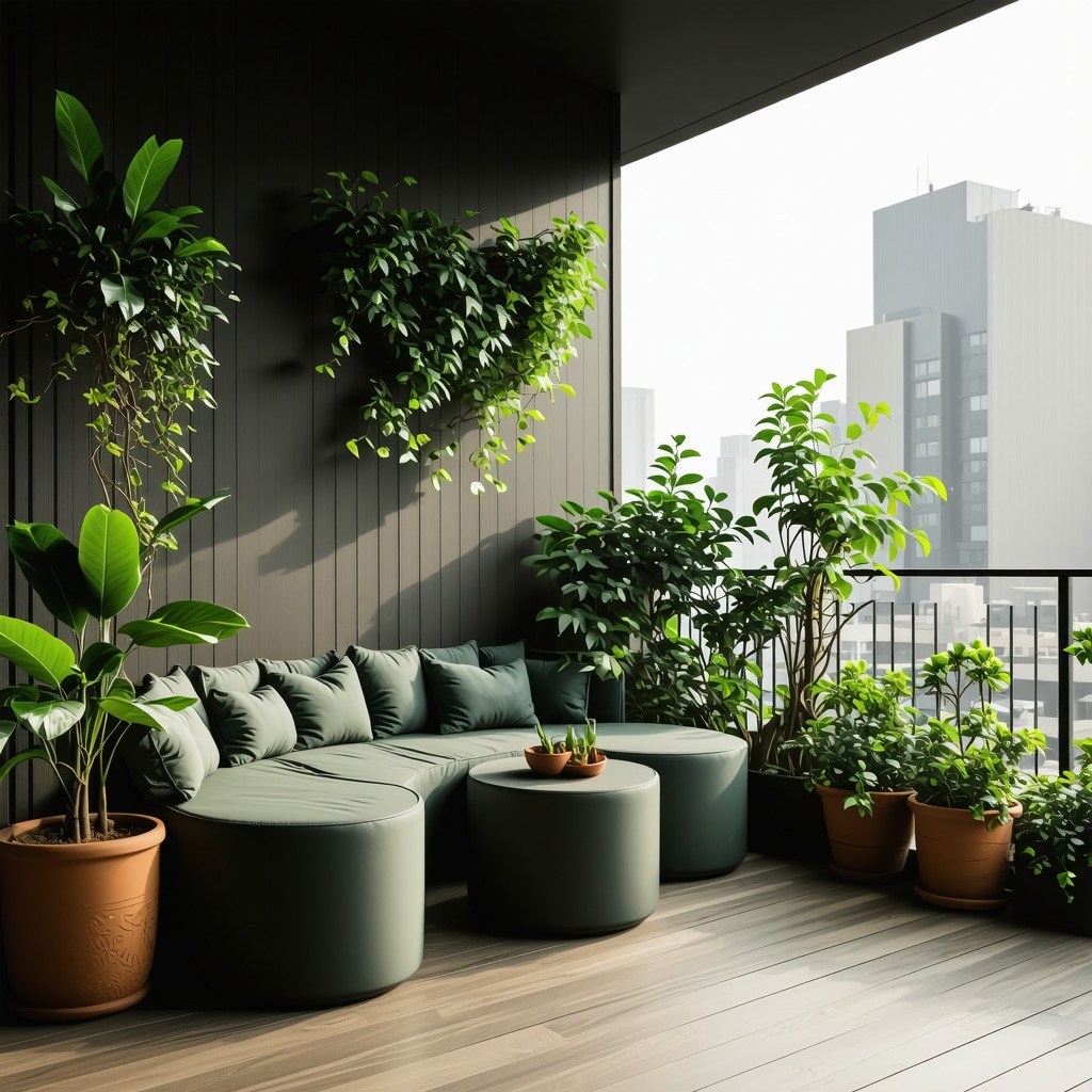 Petit balcon urbain aménagé avec meubles composites légers, éclairage intelligent et végétation