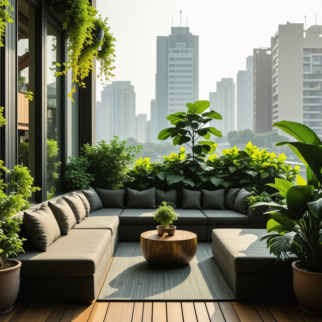 Petit balcon urbain aménagé avec mobilier composite durable, plantes pour confort thermique et acoustique, et éclairage connecté
