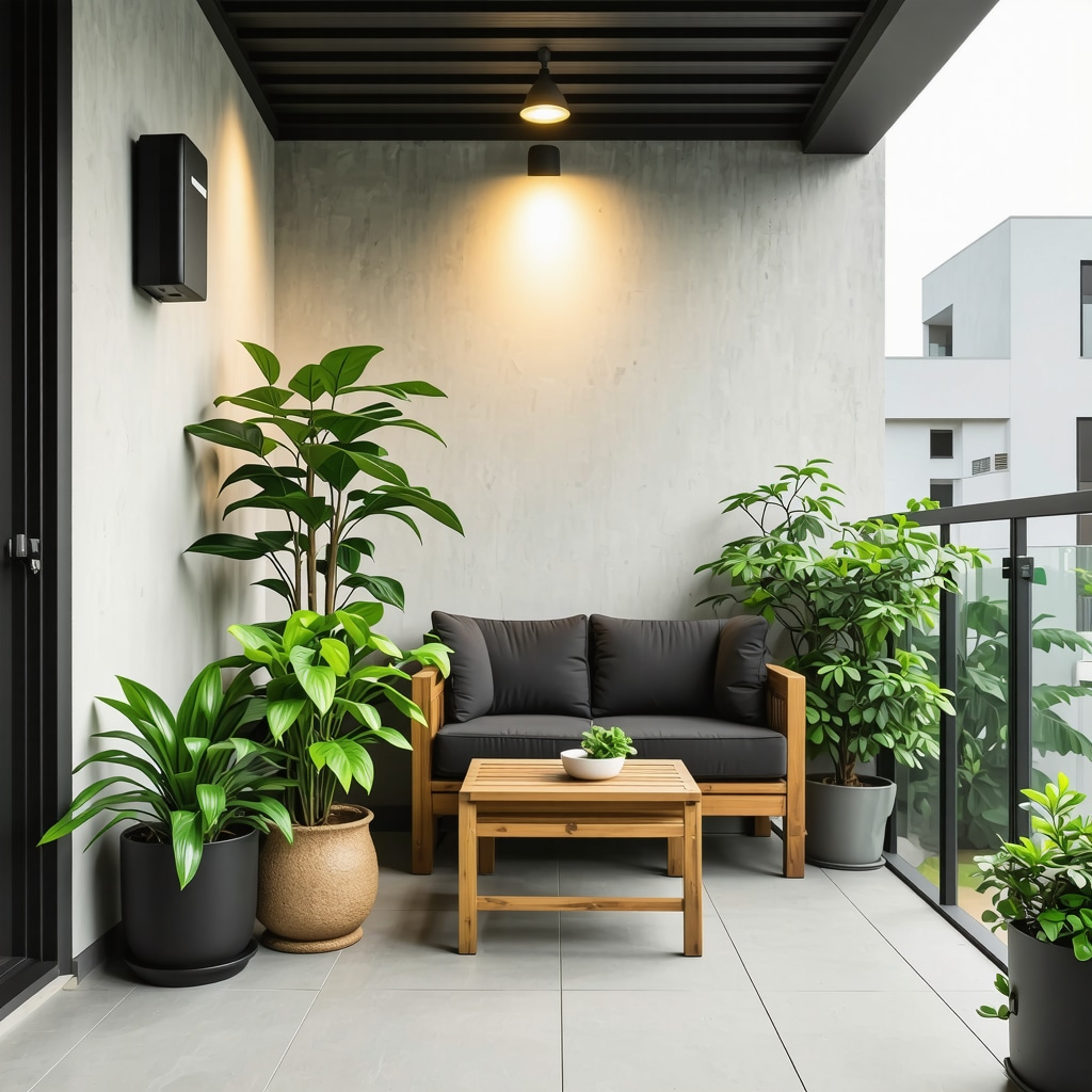 Petit balcon urbain moderne équipé de capteurs d’irrigation intelligents, éclairage solaire LED et mobilier en bois durable avec plantes vertes