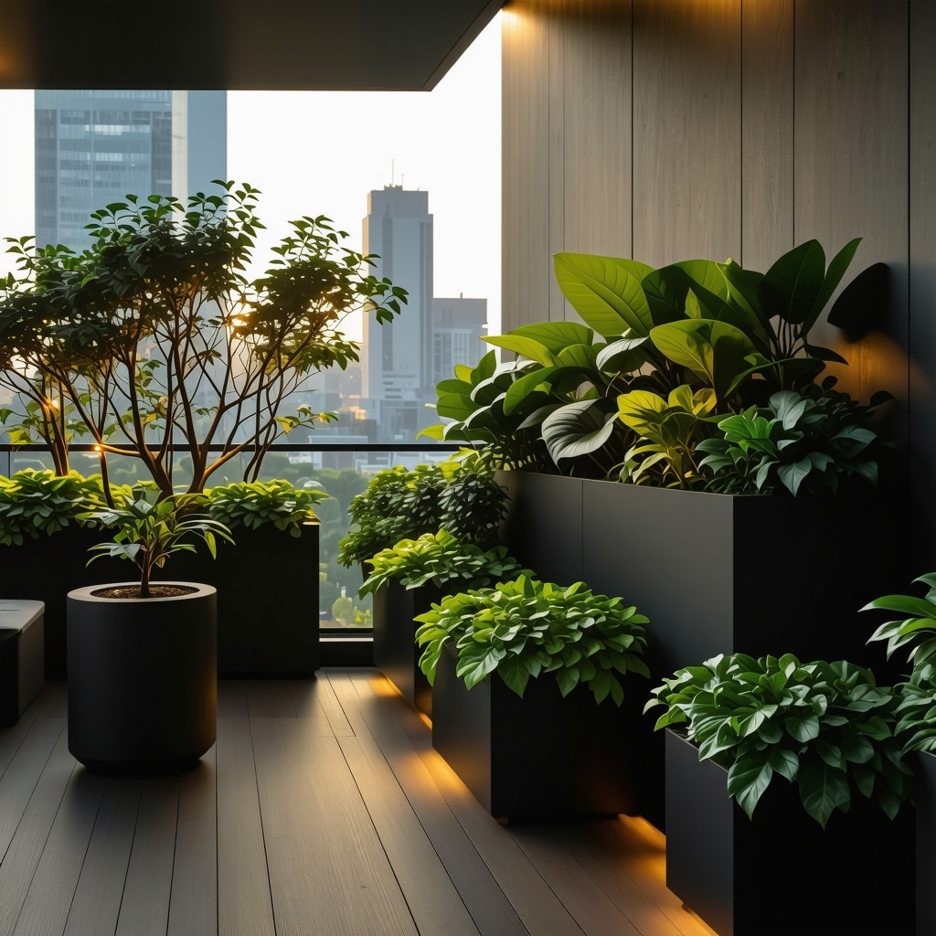 Petit balcon urbain avec éclairage LED horticole, jardinières modulaires biosourcées et capteurs connectés