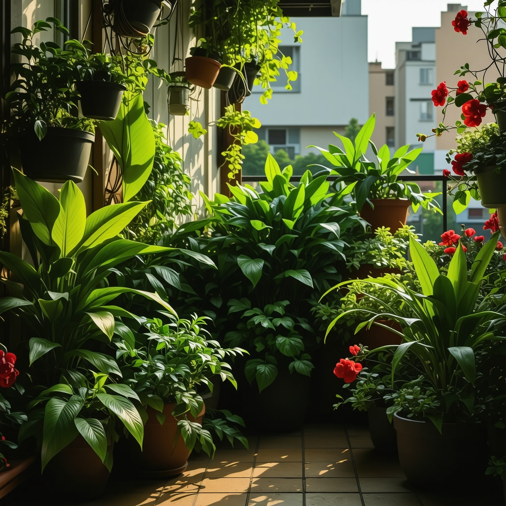 Small urban balcony garden thriving under LED horticultural lights