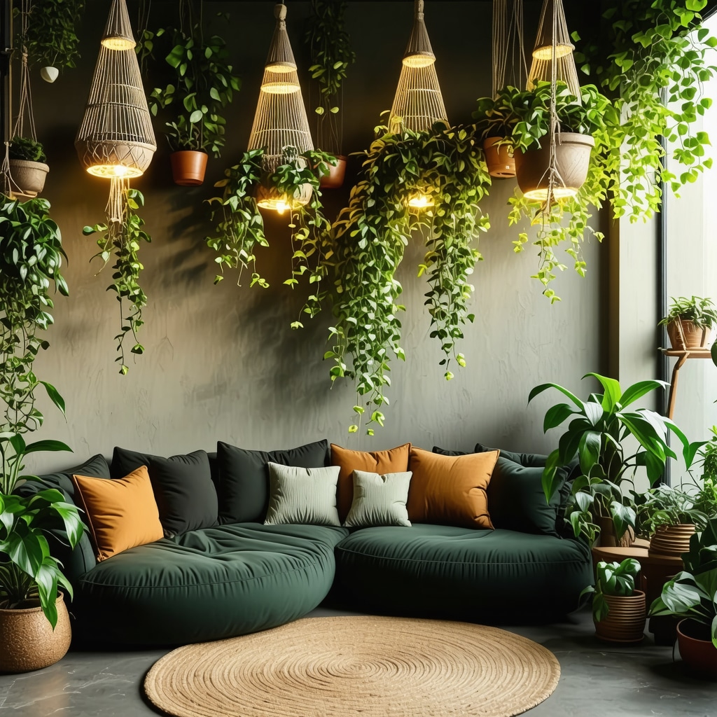 Intérieur cosy avec éclairage LED indirect et jardin permaculture suspendu en macramé