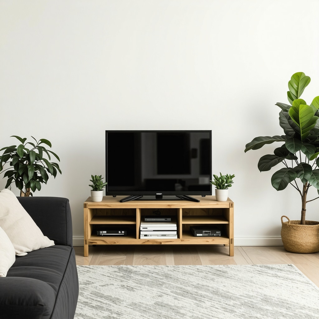A compact DIY TV stand made of light wood with shelves in a small living room