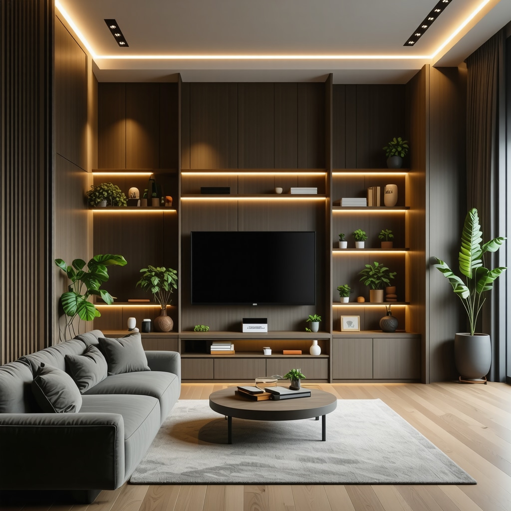Compact living room featuring modular DIY furniture integrated with smart home technology and LED lighting