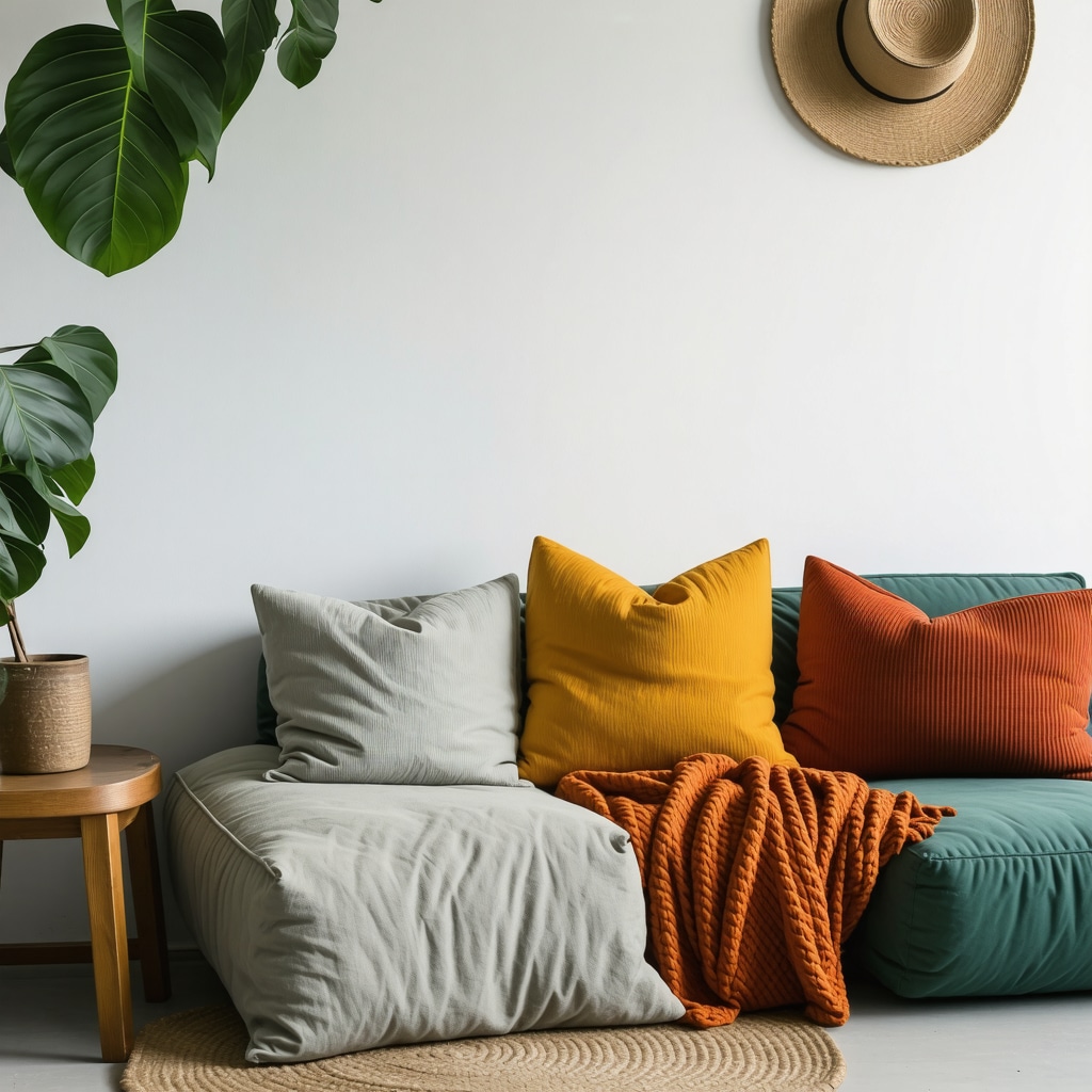 Warm and inviting living room corner featuring handmade cushions, painted furniture, and recycled decorative items