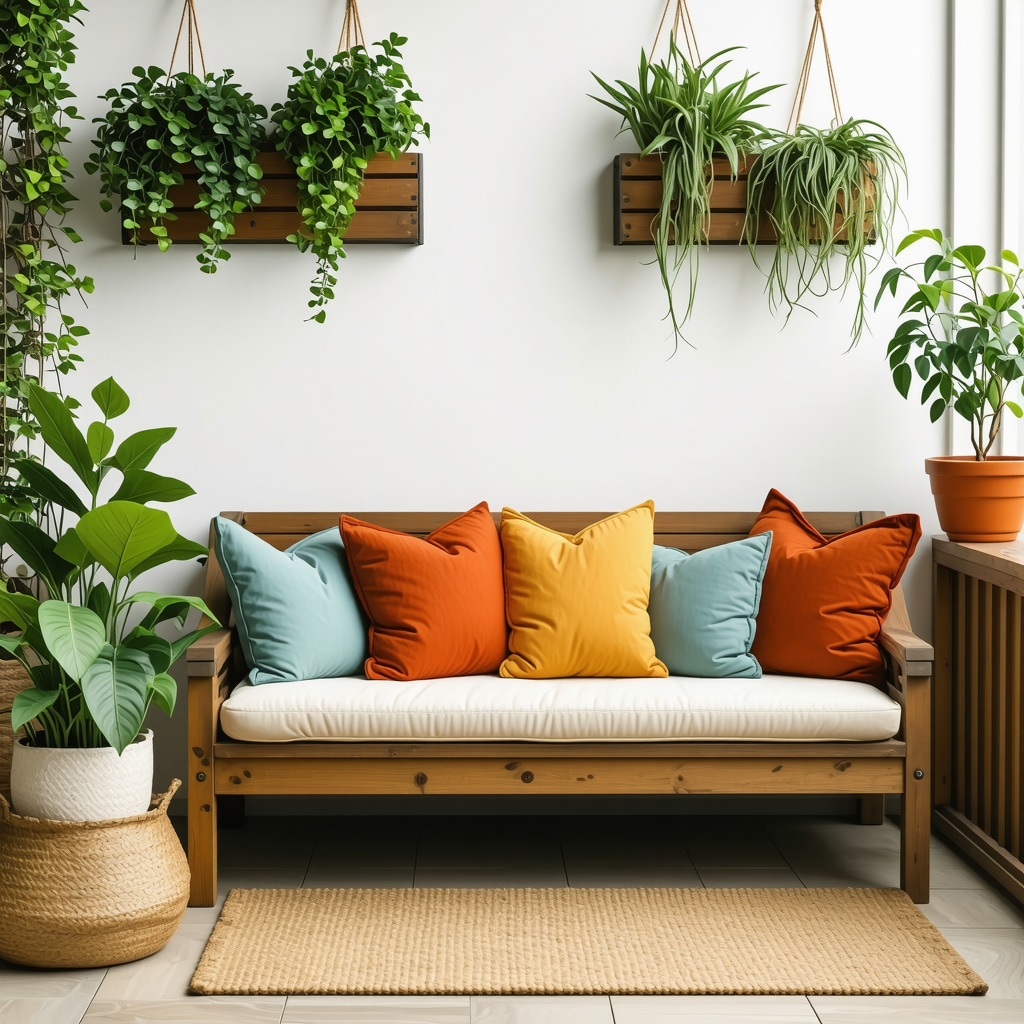 Small balcony decorated with handmade wooden furniture, plants, and cushions in warm natural light