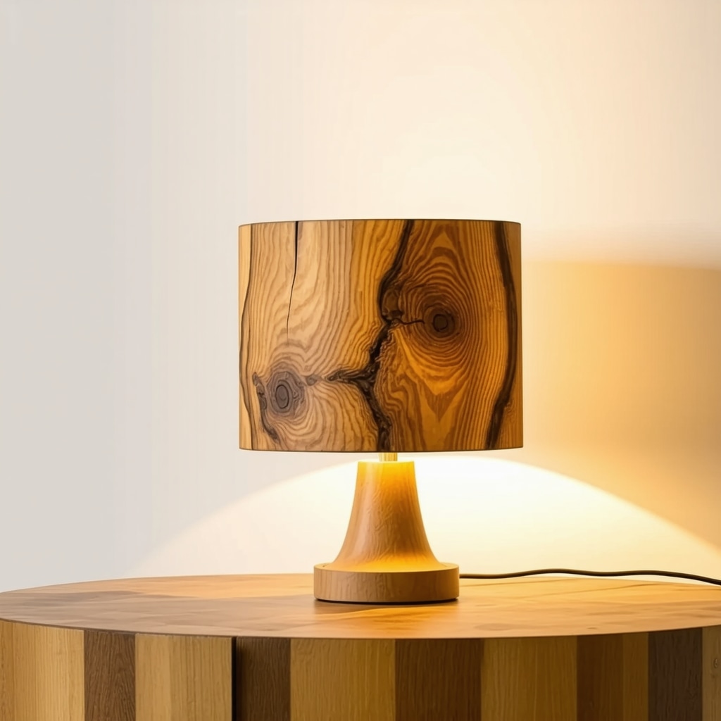 Close-up of a handmade wooden lamp finished with natural oil, emitting warm light in a modern home setting