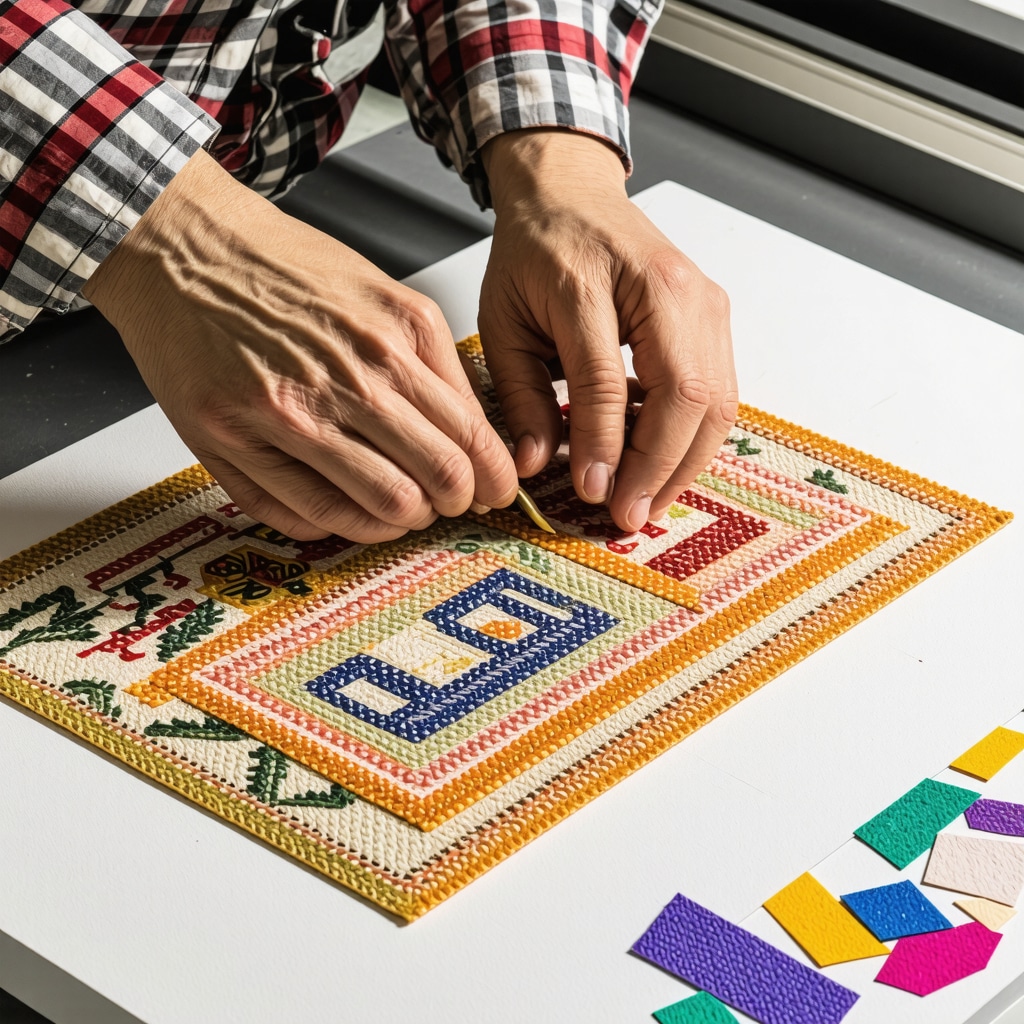 Laser cutting machine cutting intricate patterns on recycled textile fabrics with sewing tools nearby