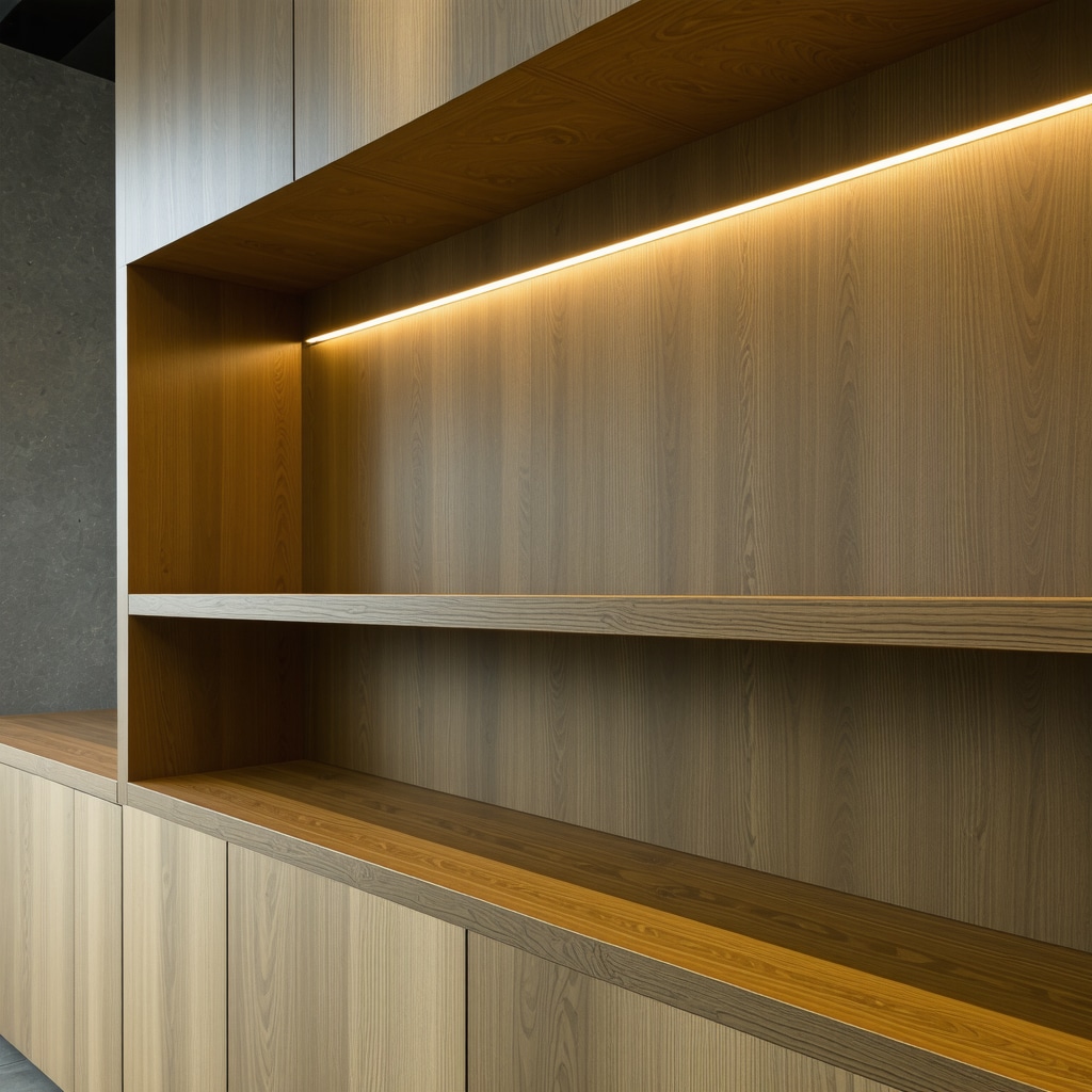 Détail d'une étagère en bois avec éclairage LED intégré et finition naturelle