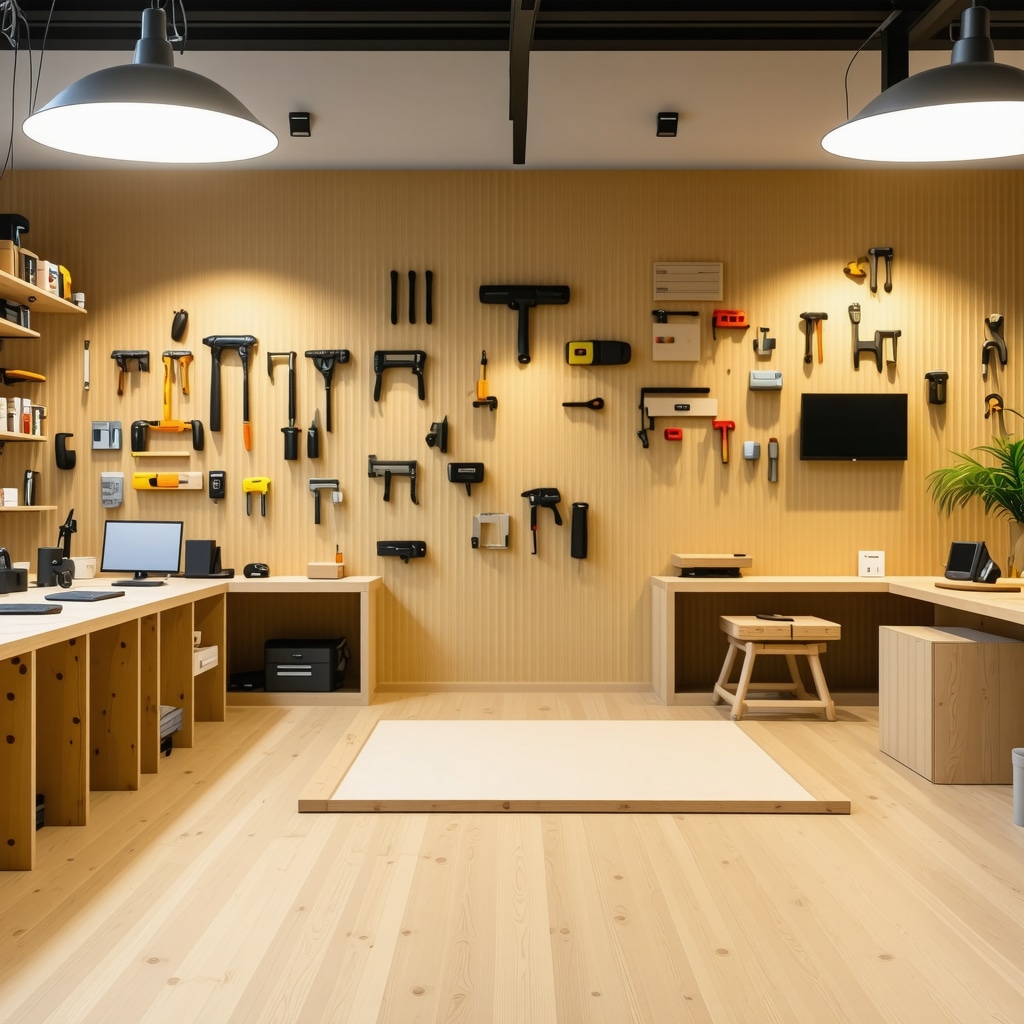 Close-up of woodworking tools, sanding materials, eco-friendly woods, and smart home devices in a DIY workshop