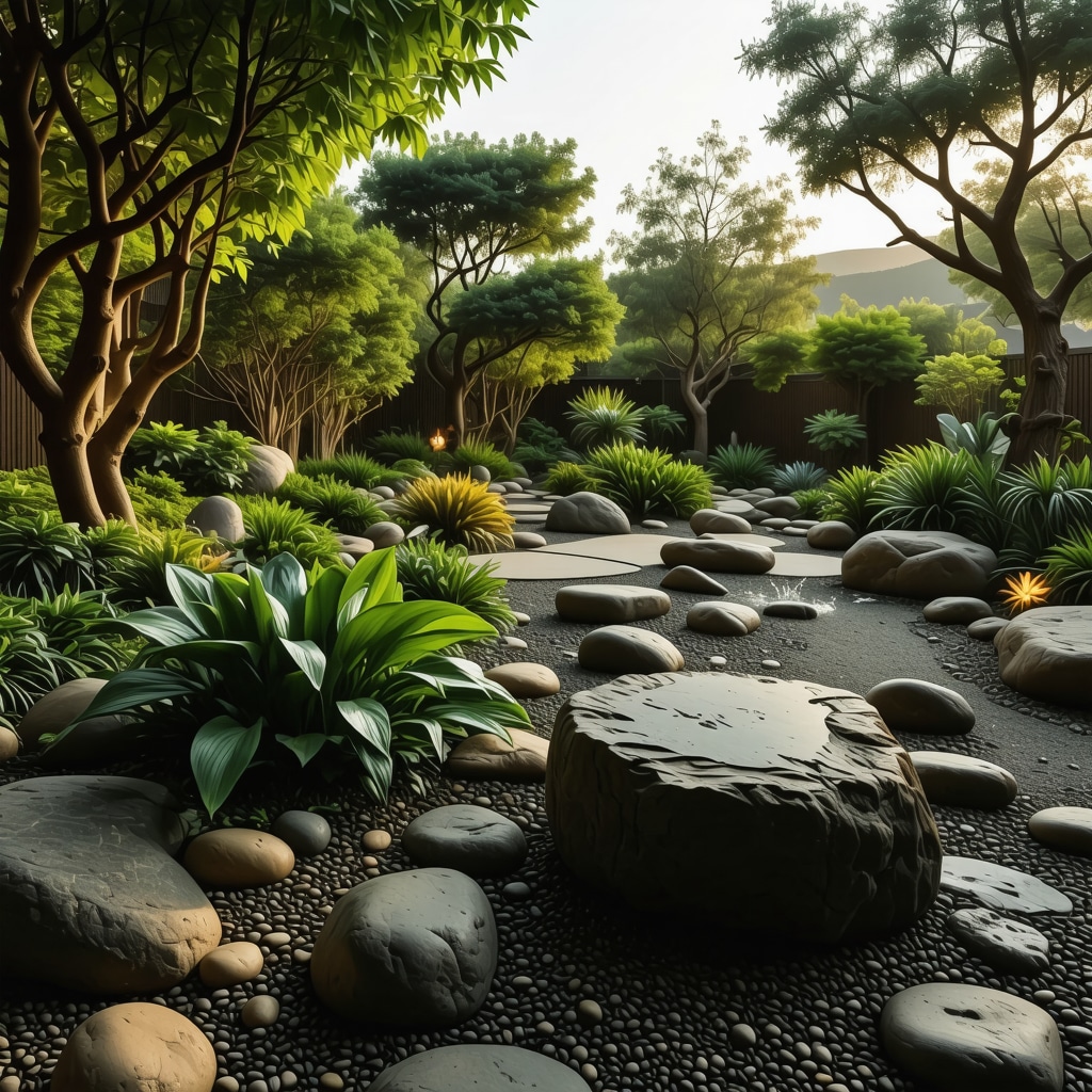 Jardin zen moderne intégrant plantes natives, capteurs d'irrigation, fontaine d'eau et éclairage doux
