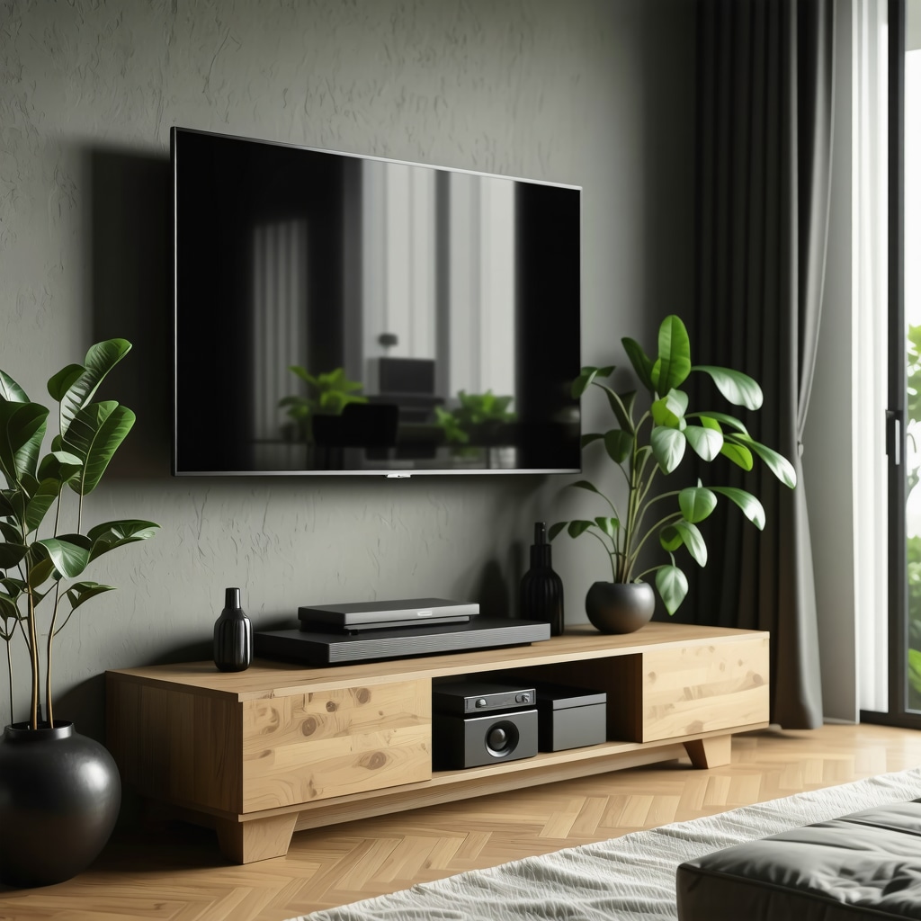 Meuble TV DIY moderne et modulaire avec matériaux écologiques, ventilation discrète et gestion des câbles