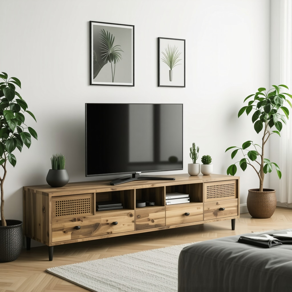 Meuble TV DIY moderne montrant des solutions avancées de gestion des câbles et ventilation