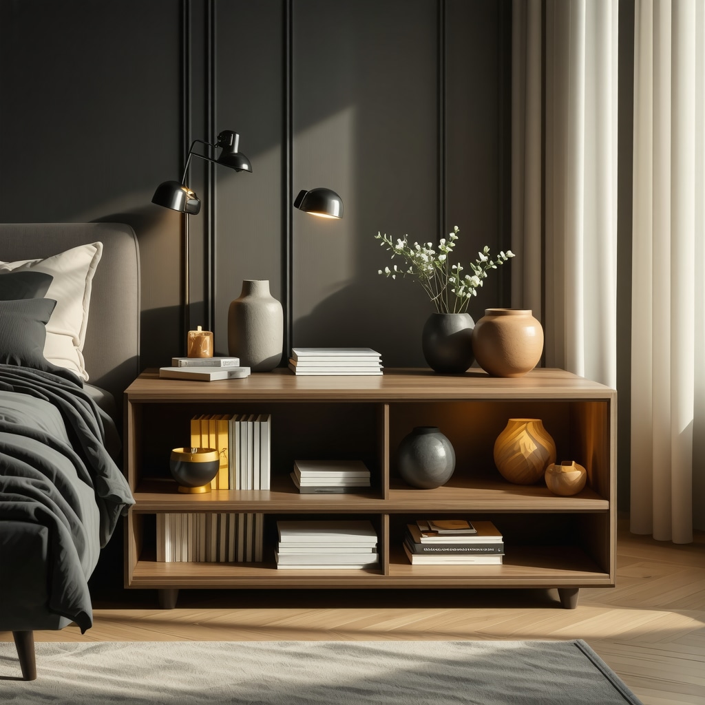 Meuble d’appoint en bois avec éclairage LED intégré et compartiments modulaires dans un intérieur contemporain