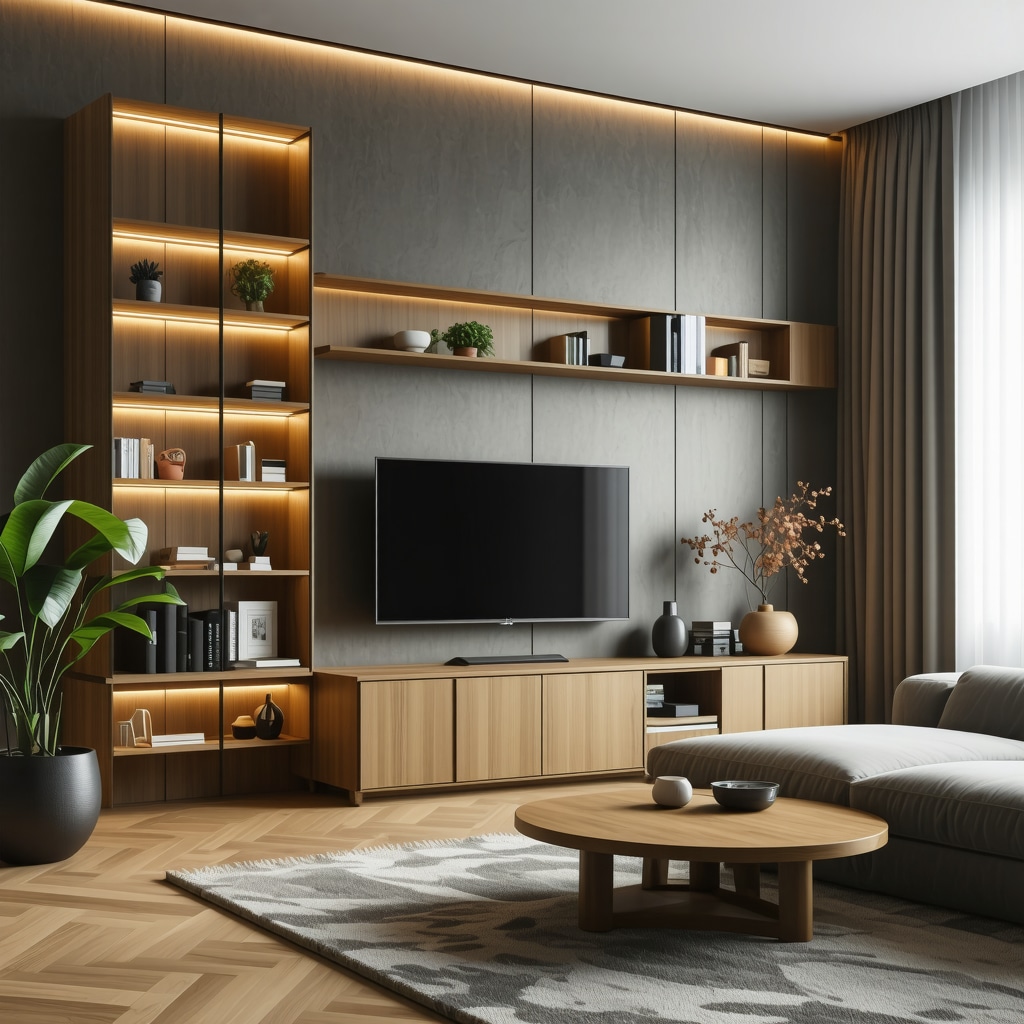Meuble en bois DIY contemporain avec éclairage LED et inserts en verre
