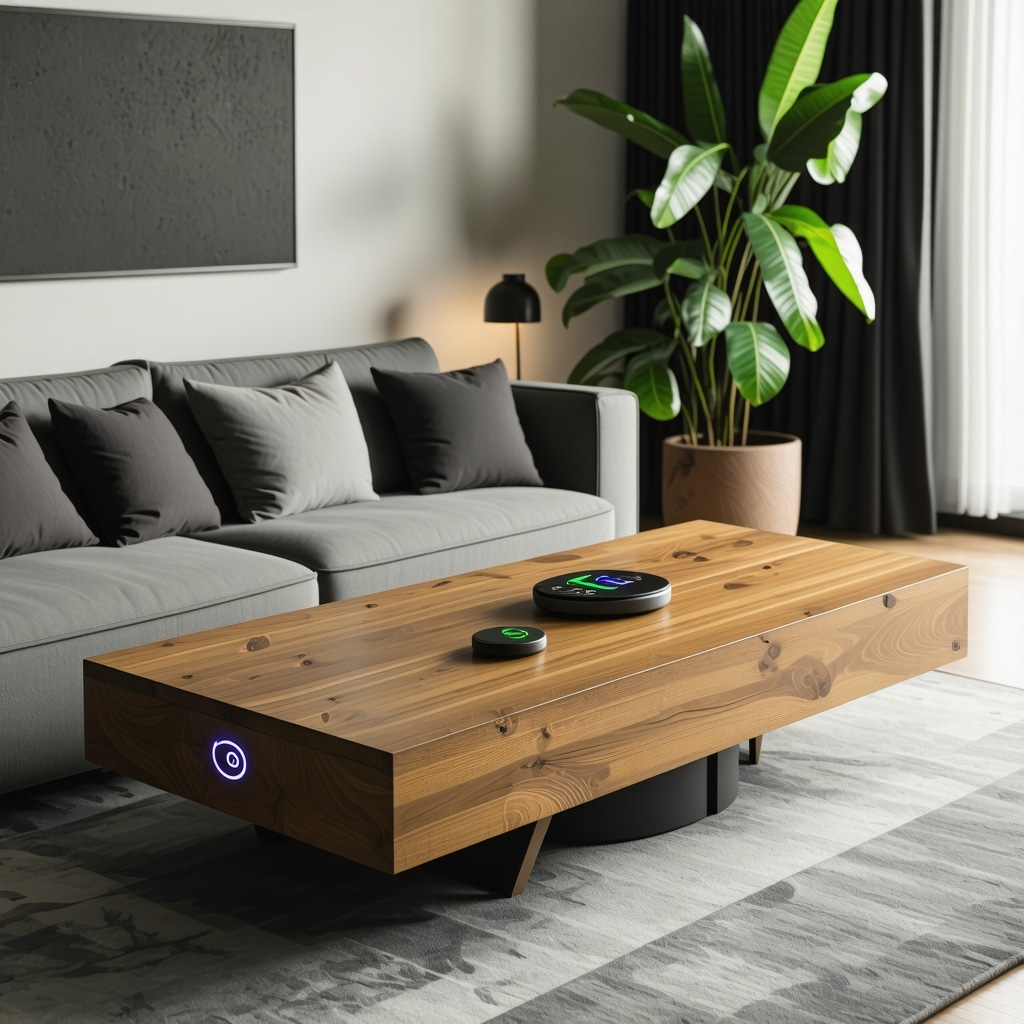 Meuble multifonction en bois intégrant éclairage LED et station de charge sans fil dans un salon moderne