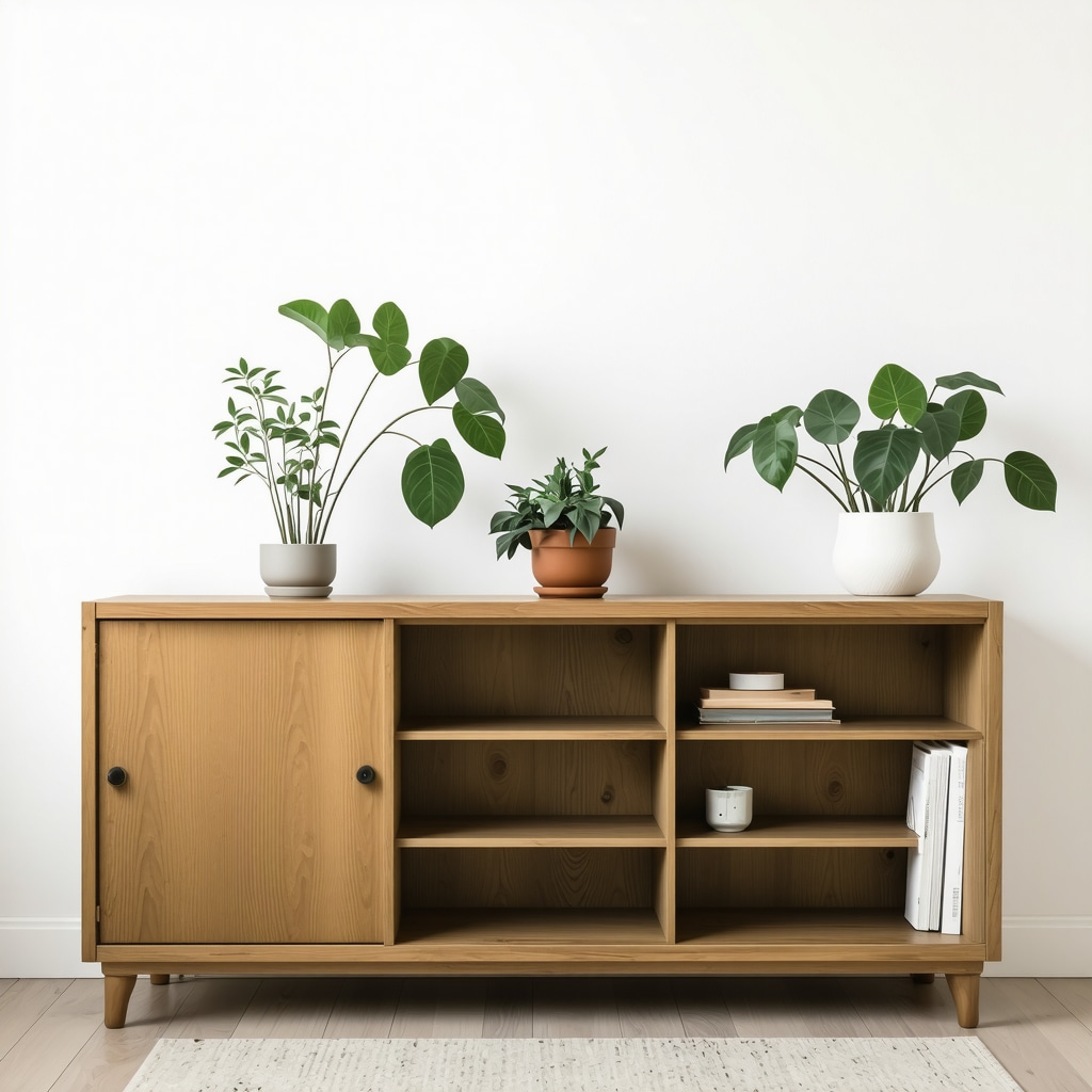 Modern DIY wooden furniture with sliding panels and hidden storage in bright living room