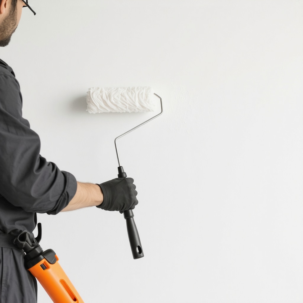 Personne utilisant un rouleau à peinture avec réservoir intégré sur un mur intérieur proprement préparé