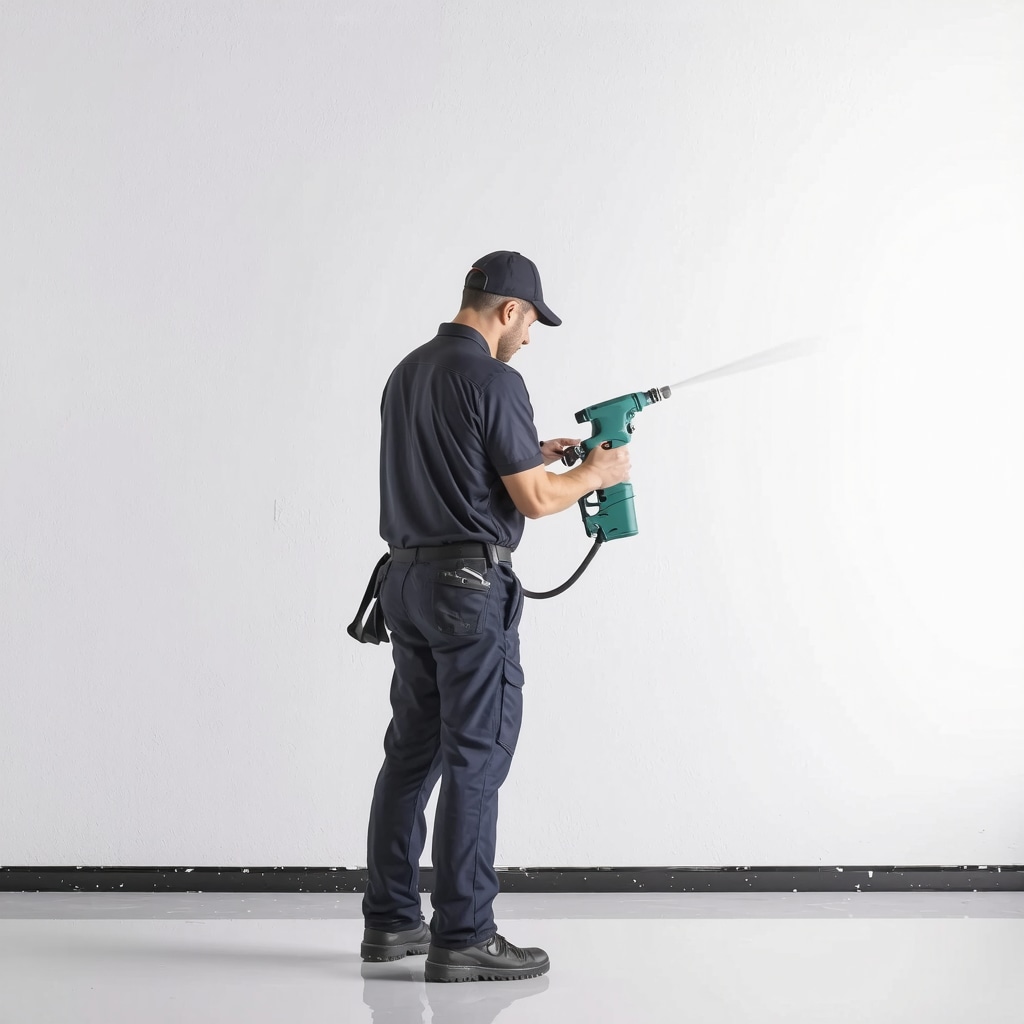 Painter applying paint with a low-pressure spray gun on a textured wall in modern interior