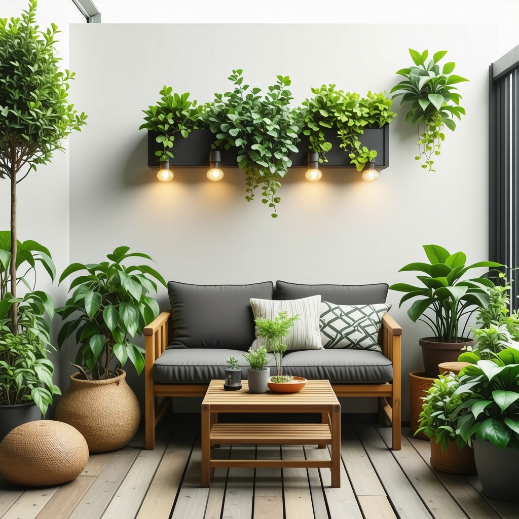 Cozy small balcony featuring vertical garden, solar LED lights, and compact wooden furniture at night