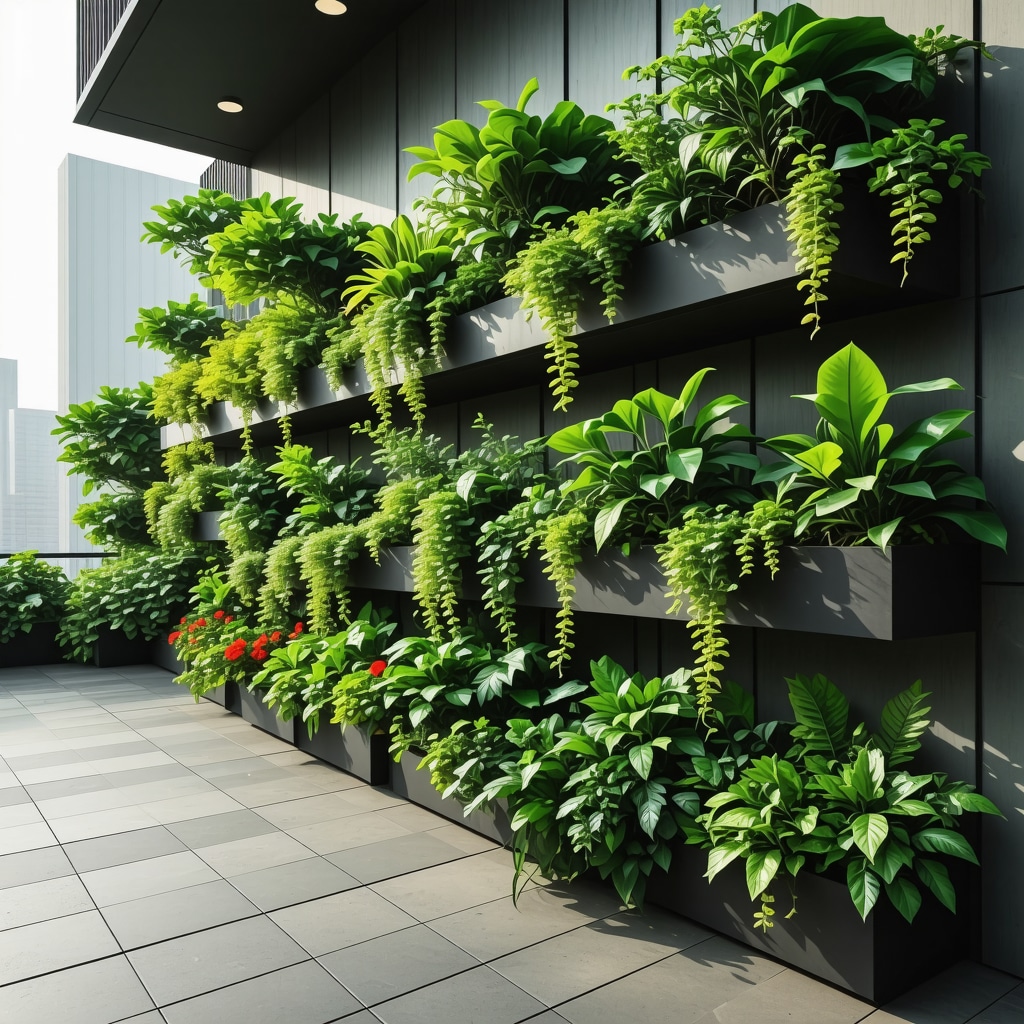 Small urban balcony featuring smart gardening devices, solar panels, LED lights, vertical plants, and insect habitats