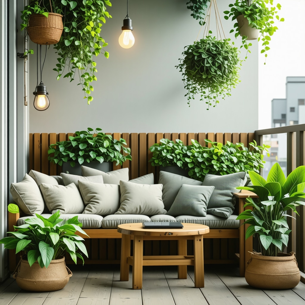 Small balcony featuring DIY wooden furniture, solar LED lights, vertical garden, and soft textiles in natural light