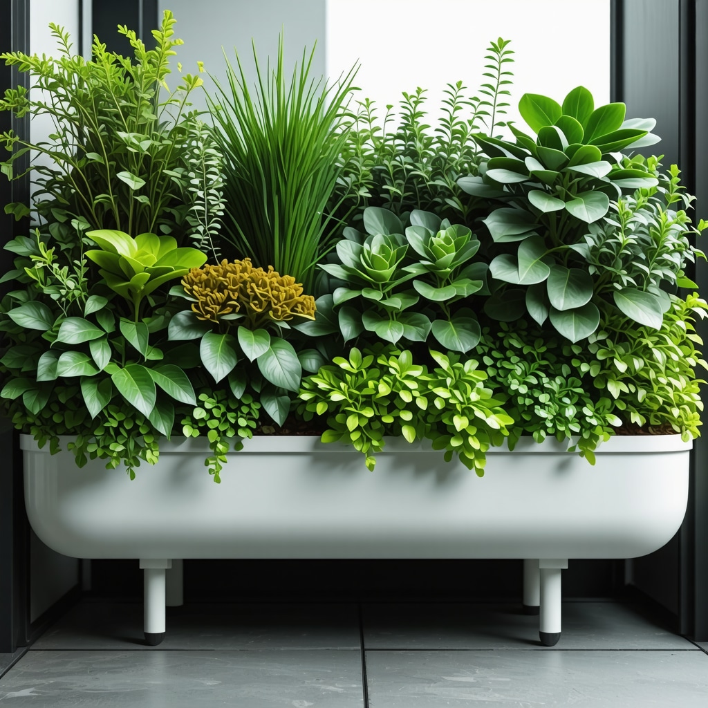 Innovative urban balcony garden showcasing smart sensors, diverse plants, and eco-friendly materials