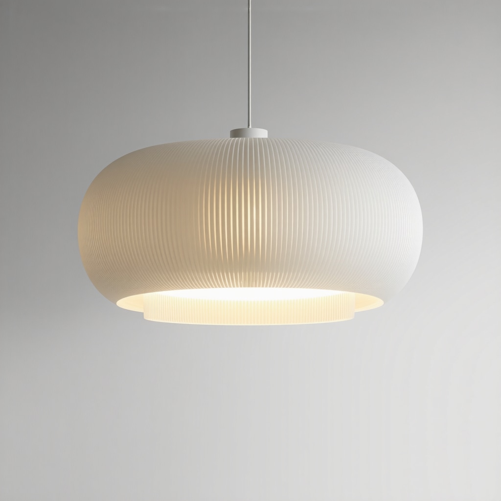 Close-up of a 3D printed composite pendant lamp featuring integrated cable conduits and LED modules in a modern home environment