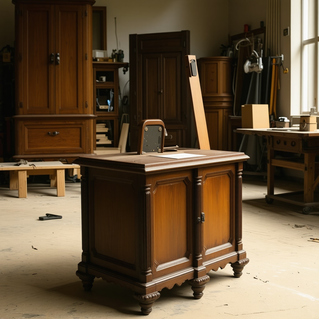 3D scanner analyzing detailed surface of antique wooden furniture for precise restoration