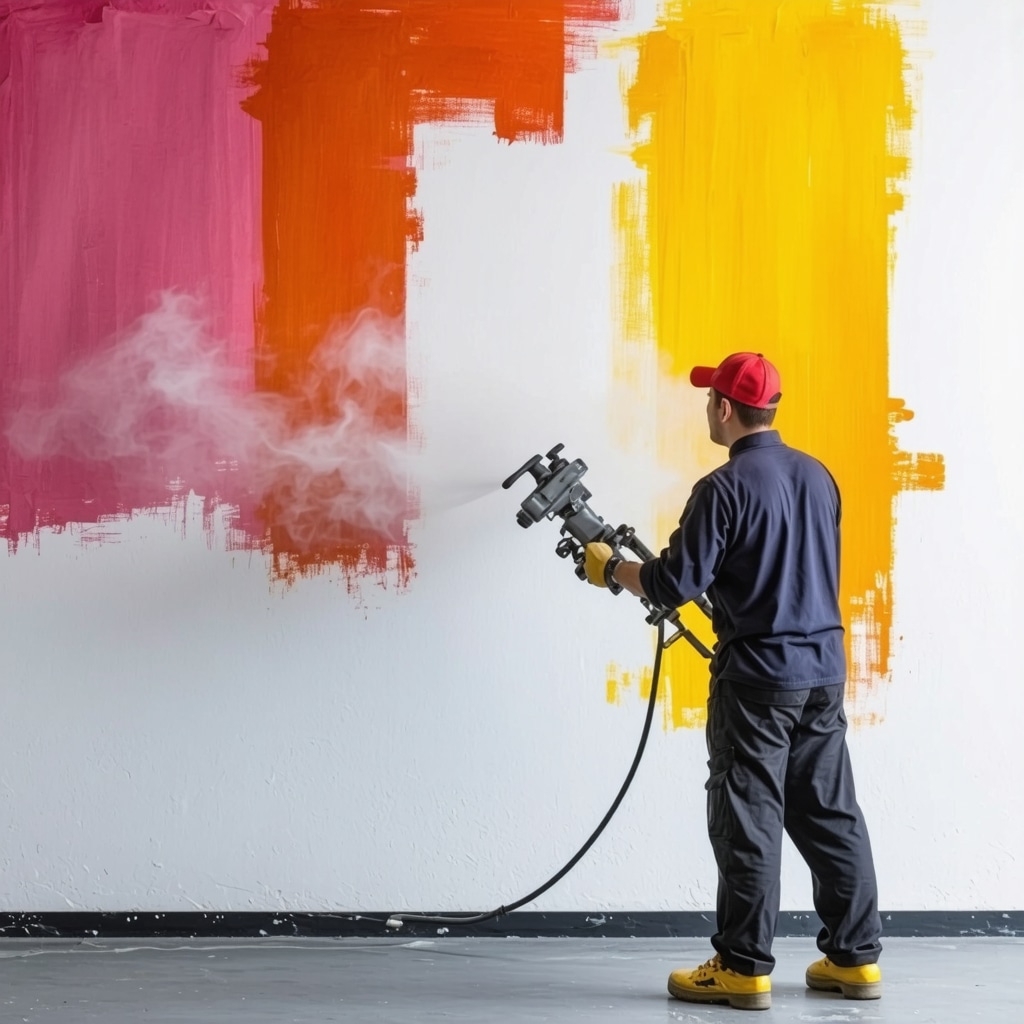 Modern interior wall painted with a high-tech spray gun using vibrant colors