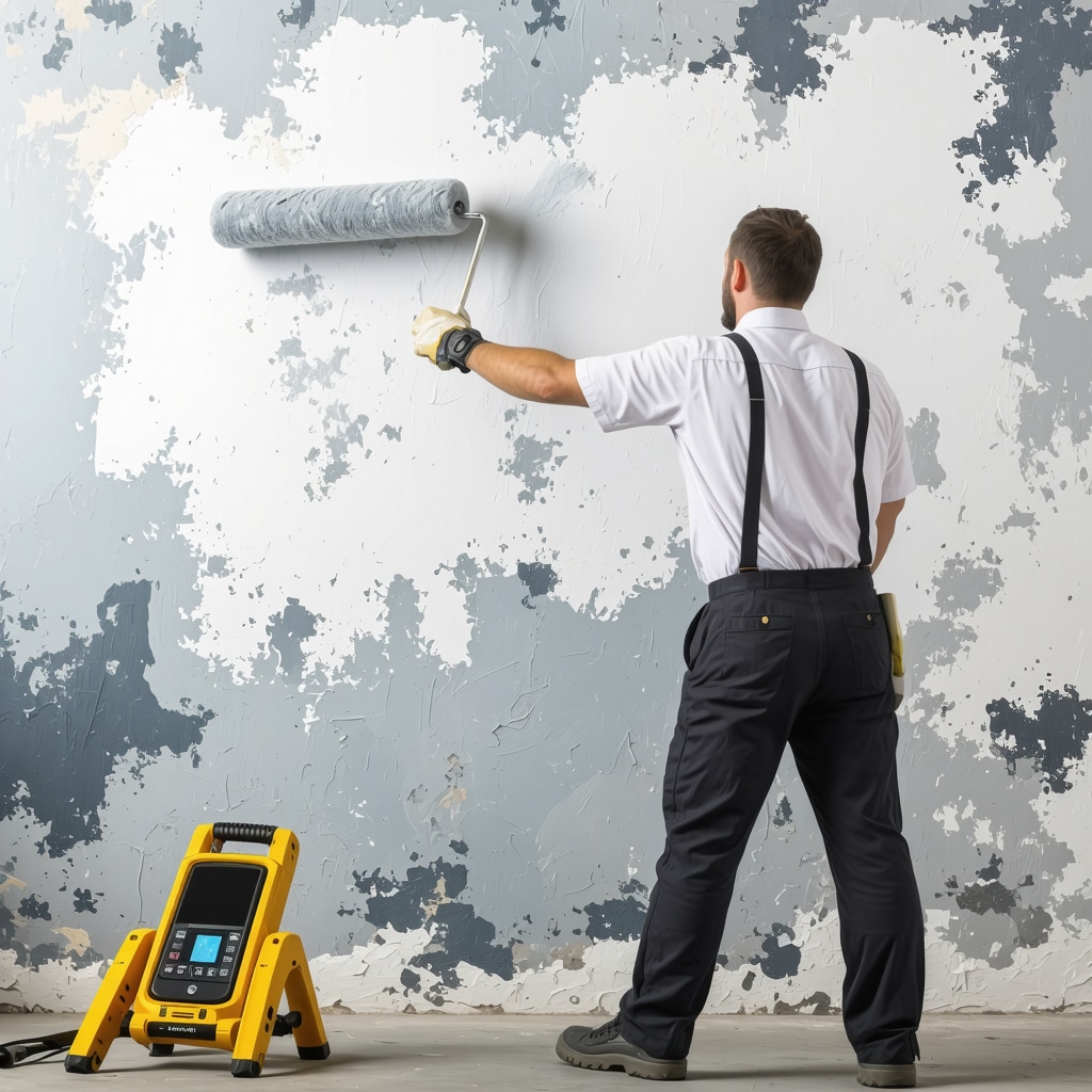 Peintre professionnel appliquant peinture minérale sur mur ancien avec hygromètre et outils numériques en arrière-plan