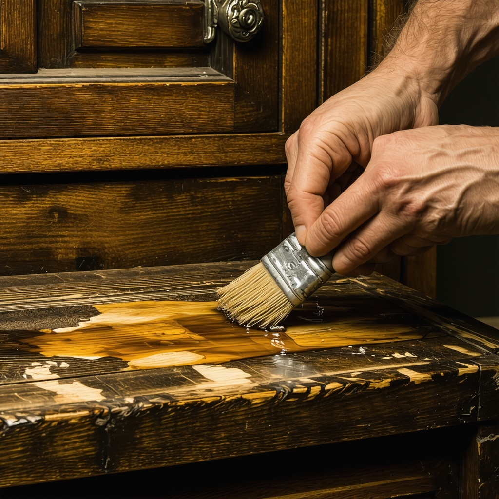 Close-up of hand applying natural oil and beeswax to antique wooden furniture showing wood grain detail and craftsmanship