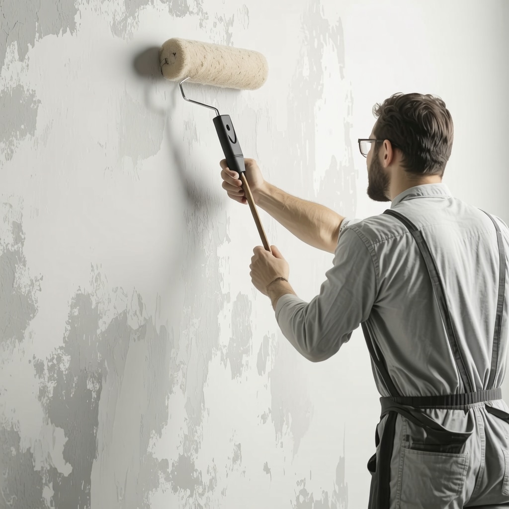 Close-up of a DIYer applying textured paint on interior wall with roller and brush in a cozy room