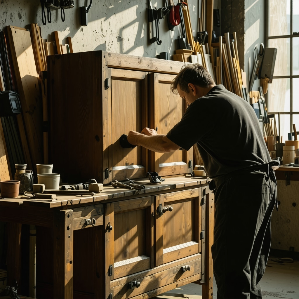 Craftsman restoring an antique wooden cabinet using eco-friendly products and precise tools in workshop