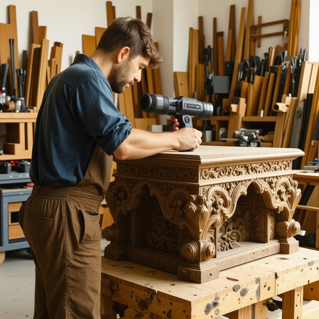 Artisan en atelier scannant un meuble ancien avec un scanner 3D pour restauration précise